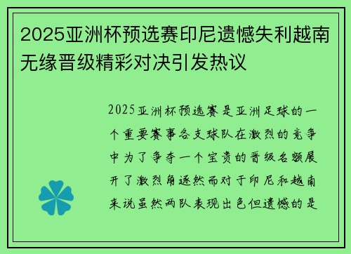 2025亚洲杯预选赛印尼遗憾失利越南无缘晋级精彩对决引发热议