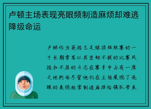 卢顿主场表现亮眼频制造麻烦却难逃降级命运 卢顿主场表现亮眼频制造麻烦却难逃降级命运