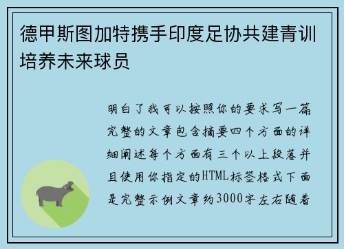 德甲斯图加特携手印度足协共建青训培养未来球员 德甲斯图加特携手印度足协共建青训培养未来球员