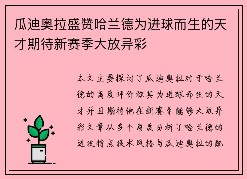 瓜迪奥拉盛赞哈兰德为进球而生的天才期待新赛季大放异彩