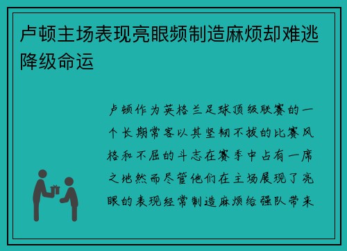 卢顿主场表现亮眼频制造麻烦却难逃降级命运